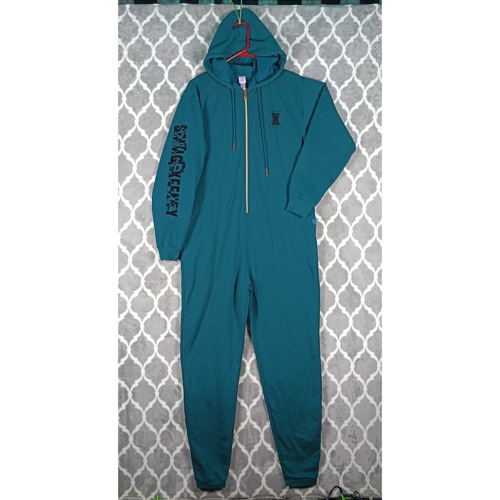 Savage X Fenty Hooded Jumpsuit Womens Medium Teal Green Graphic Zip Loungewear